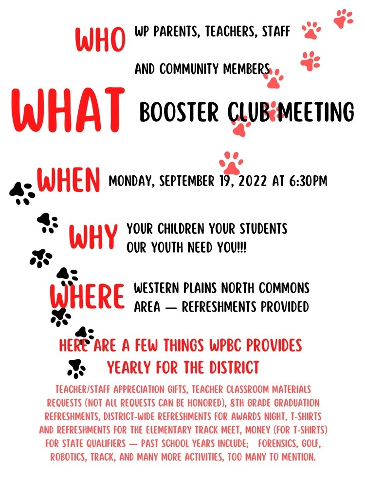 booster club meeting Sept. 19 @ 6:30p